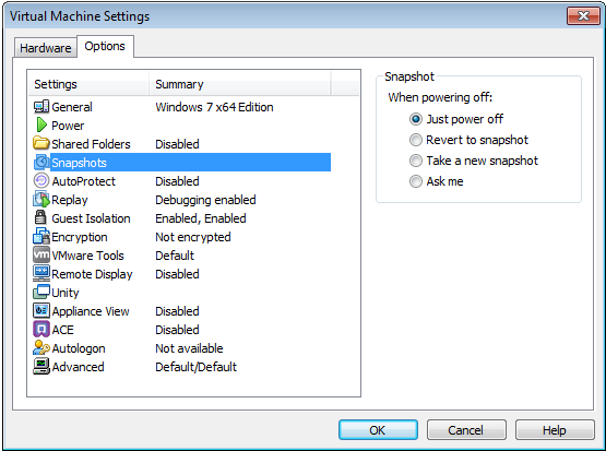 Snapshots Options on VMware Workstation Virtual Machine Settings Dialog Box